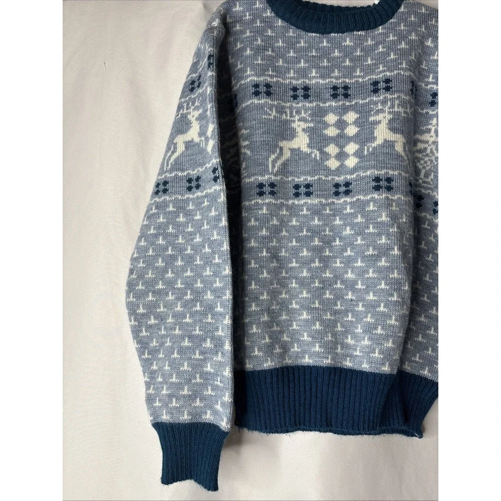 Vtg Perimeter Sweater Youth Medium 12-14‎ Reindeer Holiday Crew Neck Blue White